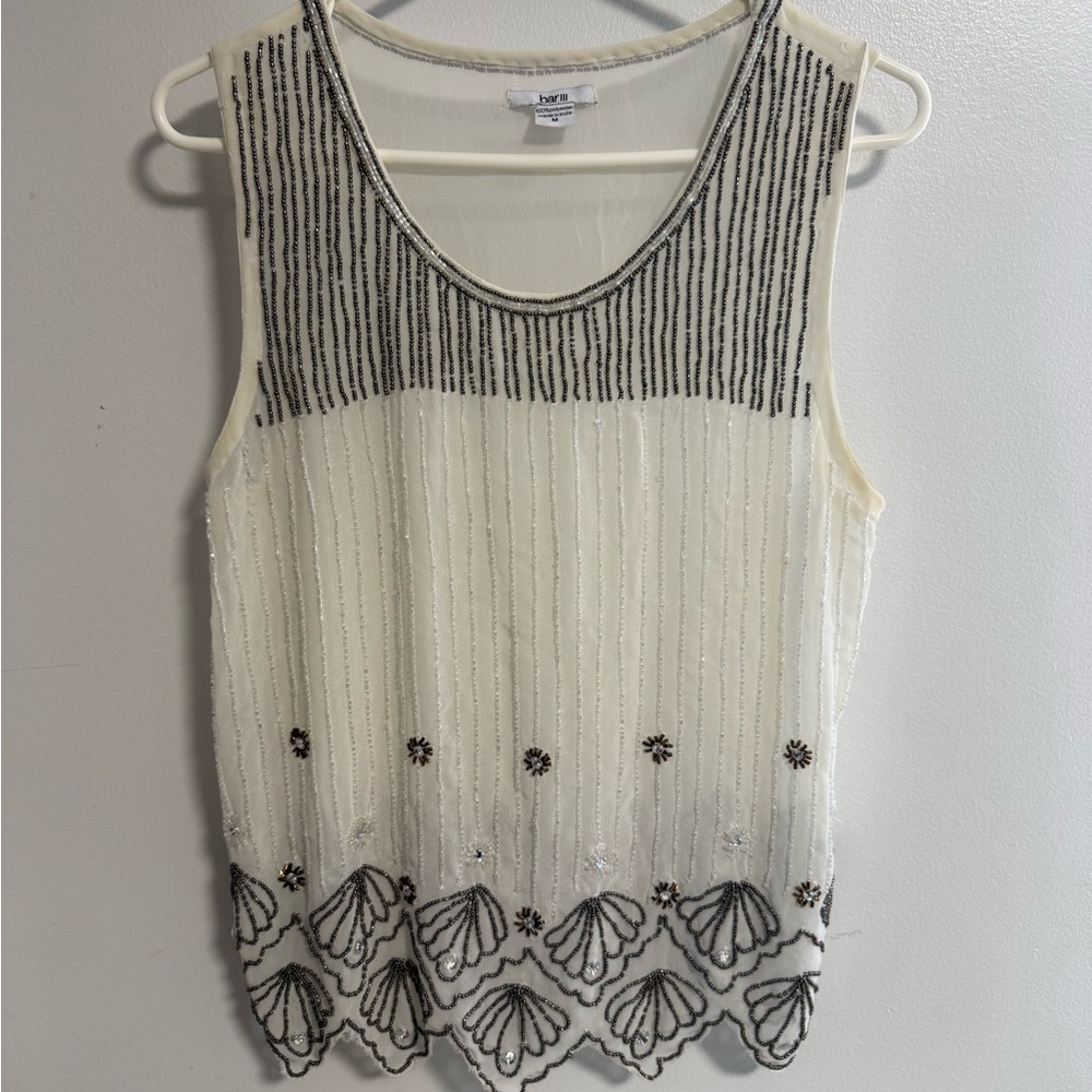 Bar III Women’s Antique cream and Black art deco Beaded Sleeveless Top